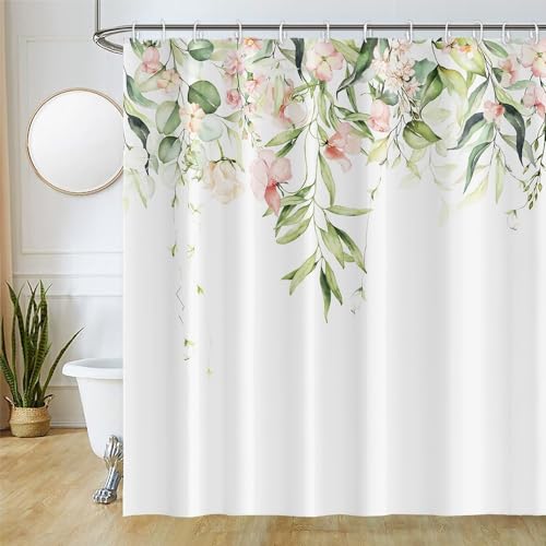 Duschvorhang Eukalyptus, Uiiooazy Duschvorhang Grün Blätter Blumenmuster Rosa Duschvorhäng Anti Schimmel Wasserdicht Polyester Stoff Waschbar Blickdicht Bad Vorhang mit Haken für Badewanne 180Wx220Lcm von Uiiooazy