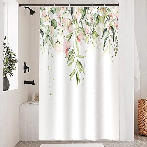 Uiiooazy Duschvorhang 120x200cm, Duschvorhang Anti Schimmel Grün Blätter Rosa Blumen Salbeigrün Pflanzenmotiv Duschvorhänge Wasserdicht Polyester Stoff Waschbar Bad Vorhang mit 8 Haken für Badezimmer von Uiiooazy