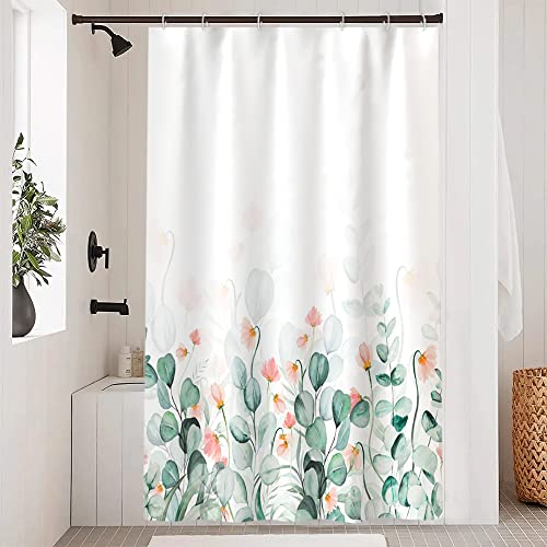 Uiiooazy Duschvorhang Eukalyptus, Duschvorhang Grün Aquarell Blätter Rosa Blumen Duschvorhäng Anti Schimmel Wasserdicht Polyester Stoff Blickdicht Bad Vorhang mit 8 Haken für Badezimmer 120Bx200Hcm von Uiiooazy