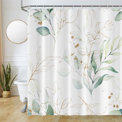 Duschvorhang Eukalyptus, Uiiooazy Duschvorhang Grün Blätter Pflanzen Textil Duschvorhäng Anti-Schimmel Wasserdicht Polyester Stoff Blickdicht Waschbar Bad Vorhang mit 12 Haken für Badezimmer 180x240cm von Uiiooazy