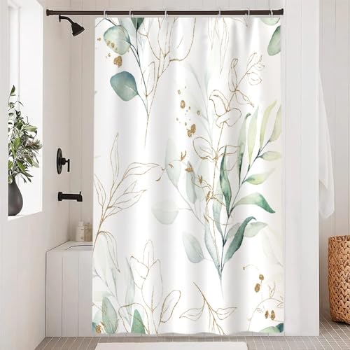 Uiiooazy Duschvorhang 120x180cm, Duschvorhang Eukalyptus Grüne Blätter Anti Schimmel Gold Aquarell Pflanzen Duschvorhänge Wasserdicht Polyester Stoff Waschbar Bad Vorhang mit 8 Haken für Badezimmer von Uiiooazy
