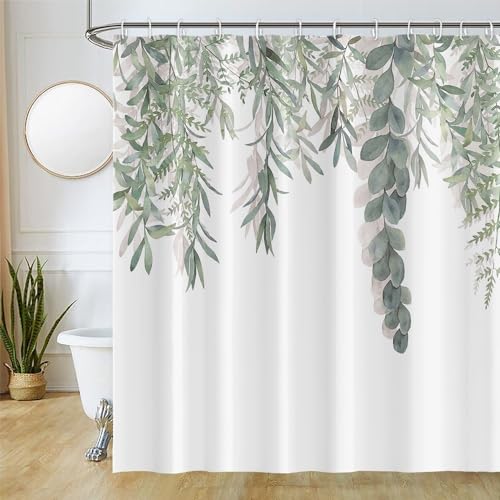 Duschvorhang Eukalyptus, Uiiooazy Duschvorhang Grün Blätter Pflanzen Textil Motiv Duschvorhäng Anti Schimmel Wasserabweisend Polyester Stoff Waschbar Bad Vorhang mit 12 Haken für Badewanne 240Bx180Hcm von Uiiooazy