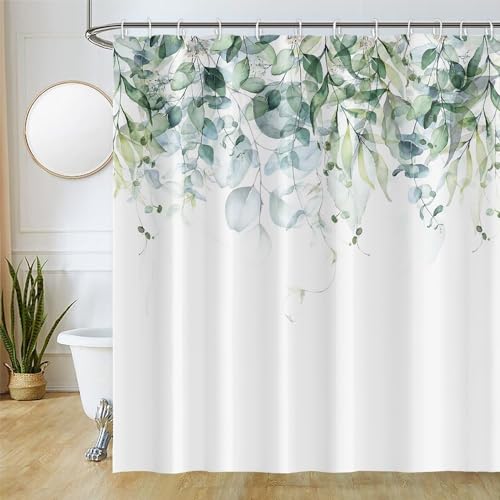 Duschvorhang Eukalyptus, Uiiooazy Duschvorhang Grün Blätter Pflanzen Weiß Duschvorhäng Anti Schimmel Wasserdicht Polyester Stoff Waschbar Blickdicht Bad Vorhang mit 12 Haken für Badezimmer 240Bx180Hcm von Uiiooazy