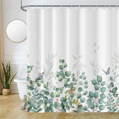 Duschvorhang Eukalyptus, Uiiooazy Duschvorhang Grün Blätter Rosa Blumen Schmetterling Textil Duschvorhäng Anti Schimmel Wasserdicht Stoff Blickdicht Bad Vorhang mit 12 Haken für Badezimmer 220Bx180Hcm von Uiiooazy