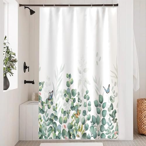 Uiiooazy Duschvorhang 120x200cm, Duschvorhang Anti Schimmel Grüne Blätter Eukalyptus Pflanzen Schmetterling Duschvorhänge Wasserdicht Polyester Stoff Waschbar Bad Vorhang mit 8 Haken für Badezimmer von Uiiooazy