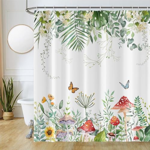 Duschvorhang Eukalyptus, Uiiooazy Duschvorhang Grün Palme Blätter Pilz Schmetterling Muster Duschvorhäng Anti Schimmel Wasserdicht Polyester Stoff Waschbar Badvorhang mit Haken für Badewanne 180x220cm von Uiiooazy