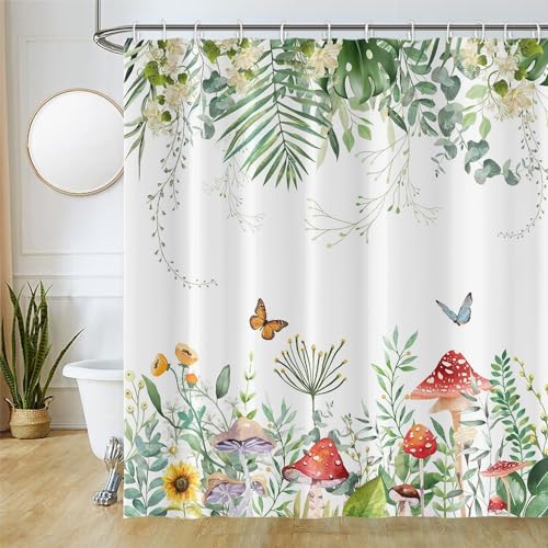 Uiiooazy Duschvorhang 180x220cm, Duschvorhang Anti Schimmel Tropisch Grüne Palmeblätter Eukalyptus Pilz Duschvorhänge Wasserdicht Polyester Stoff Waschbar Bad Vorhang mit 12 Haken für Badezimmer von Uiiooazy