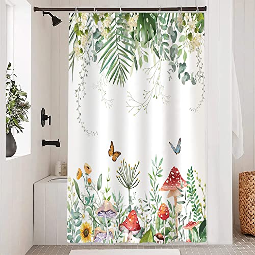 Duschvorhang Eukalyptus, Uiiooazy Duschvorhang Grün Palme Blätter Pilz Schmetterling Muster Duschvorhäng Anti Schimmel Wasserdicht Polyester Stoff Waschbar Badvorhang mit Haken für Badewanne 120x180cm von Uiiooazy