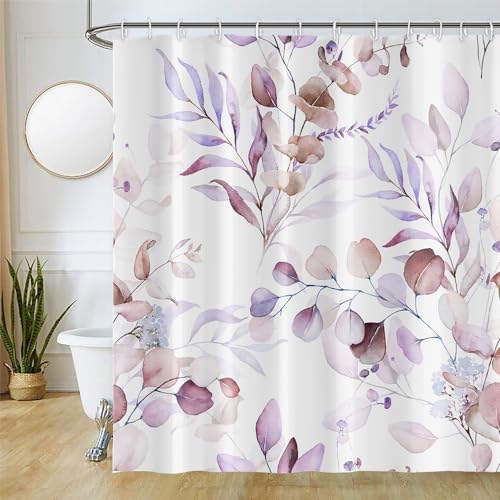 Uiiooazy Duschvorhang 180x200cm, Duschvorhang Anti Schimmel Lila Violett Blätter Rosa Lavendel Blumen Duschvorhänge Wasserdicht Polyester Stoff Waschbar Bad Vorhang mit 12 Haken für Badezimmer von Uiiooazy