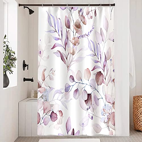 Uiiooazy Duschvorhang 120x180cm, Duschvorhang Anti Schimmel Lila Violett Blätter Rosa Lavendel Blumen Duschvorhänge Wasserdicht Polyester Stoff Waschbar Bad Vorhang mit 8 Haken für Badezimmer von Uiiooazy