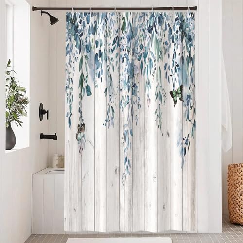 Uiiooazy Duschvorhang Eukalyptus, Duschvorhang Blau Blätter Blumen Vintage Schmetterling Duschvorhäng Anti Schimmel Wasserdicht Polyester Stoff Bad Vorhang mit 8 Haken für Badezimmer 120Bx180Hcm von Uiiooazy