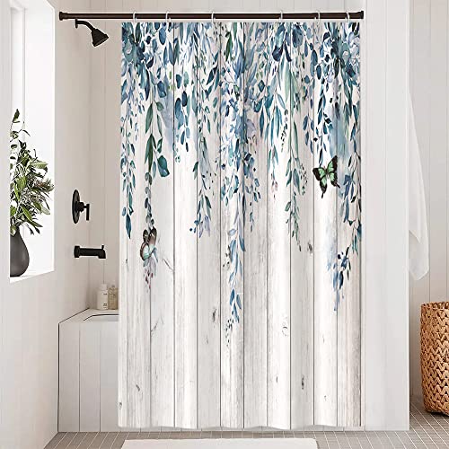 Uiiooazy Duschvorhang Eukalyptus, Duschvorhang Blau Blätter Blumen Vintage Schmetterling Duschvorhäng Anti Schimmel Wasserdicht Polyester Stoff Bad Vorhang mit 8 Haken für Badezimmer 120Bx200Hcm von Uiiooazy