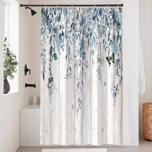Uiiooazy Duschvorhang 120x200cm, Duschvorhang Anti Schimmel Eukalyptus Blau Blätter Holzbrett Blumen Vintage Duschvorhänge Wasserdicht Polyester Stoff Waschbar Bad Vorhang mit 8 Haken für Badezimmer von Uiiooazy