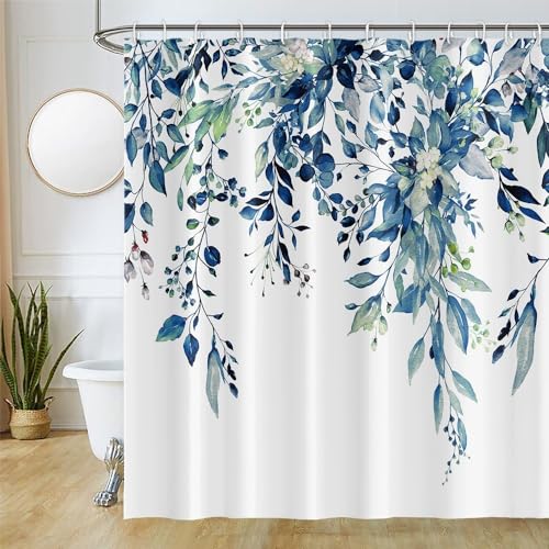 Uiiooazy Duschvorhang Eukalyptus Blau, Duschvorhang Grün Blätter Blumen Rosa Weiß, Dsuchvorhang Anti Schimmel Wasserdichr Polyester Stoff Waschbar Bad Vorhang mit 12 Haken für Badezimmer 180Bx180Hcm von Uiiooazy