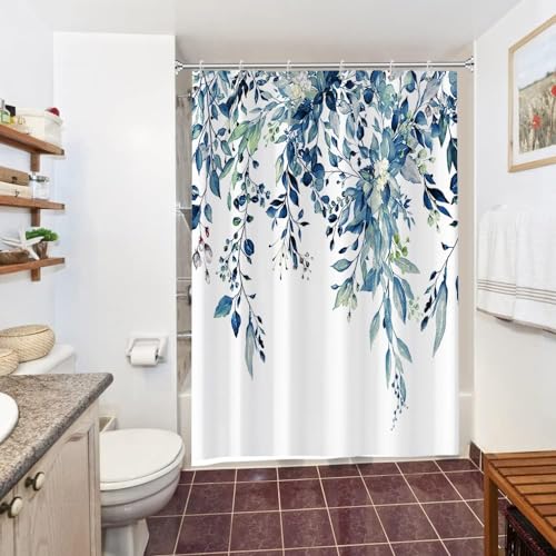 Duschvorhang Eukalyptus Blau, Uiiooazy Duschvorhang Grün Blätter Blumen Rosa Weiß Duschvorhänge Anti Schimmel Wasserdichr Polyester Stoff Waschbar Bad Vorhang mit 10 Haken für Badezimmer 150Bx200Hcm von Uiiooazy