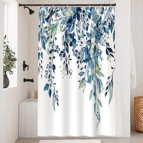 Uiiooazy Duschvorhang Eukalyptus Blau, Duschvorhang Grün Blätter Blumen Rosa Weiß Duschvorhänge Anti Schimmel Wasserdichr Polyester Stoff Waschbar Bad Vorhang mit 8 Haken für Badezimmer 120Bx200Hcm von Uiiooazy