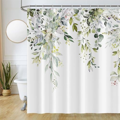Uiiooazy Duschvorhang 180x180cm, Duschvorhang Anti Schimmel Salbeigrün Blätter Weiß Rosa Blumen Aquarell Duschvorhänge Stoff Waschbar Wasserdicht Polyesster Bad Vorhang mit 12 Haken für Badezimmer von Uiiooazy