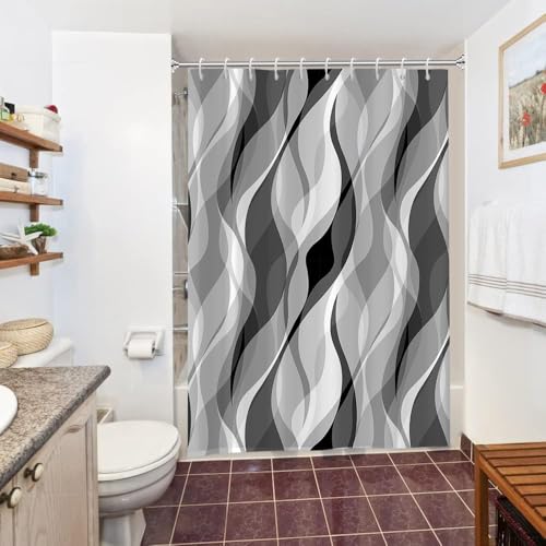 Uiiooazy Duschvorhang Grau, Duschvorhang Schwarz Streifen Abstrakt Gemustert Linien Duschvorhänge Anti Schimmel Wasserdicht Polyester Stoff Waschbar Bad Vorhang mit 10 Haken für Badezimmer 150x180cm von Uiiooazy
