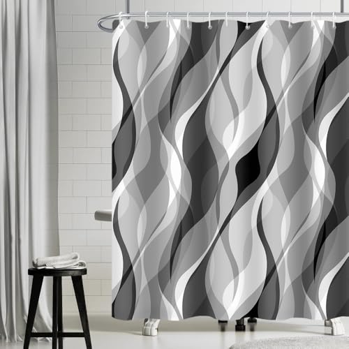 Duschvorhang Grau, Uiiooazy Duschvorhang Abstrakt Geometrische Muster Streifen Linien Duschvorhänge Anti Schimmel Wasserdicht Polyester Stoff Waschbar Bad Vorhang mit 12 Haken für Badezimmer 180x180cm von Uiiooazy
