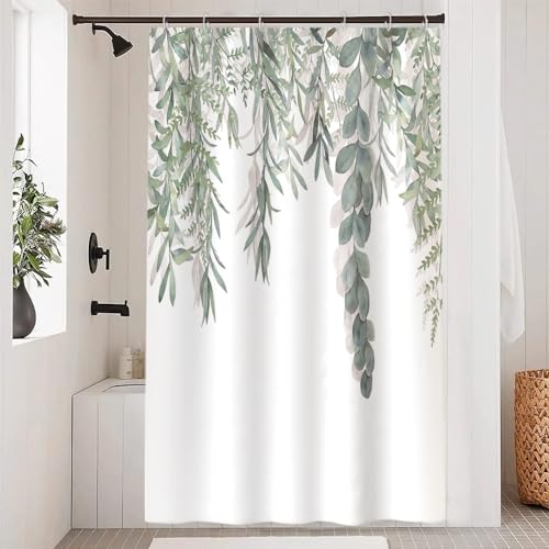 Uiiooazy Duschvorhang Eukalyptus, Duschvorhang Grün Aquarell Blätter Pflanzen Textil Duschvorhäng Anti Schimmel Wasserdicht Polyester Stoff Waschbar Bad Vorhang mit 8 Haken für Badezimmer 120Bx200Hcm von Uiiooazy