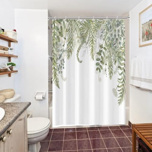 Duschvorhang Grün Blätter, Uiiooazy Duschvorhang Eukalyptus Pflanzenmotiv Duschvorhäng Anti Schimmel Wasserdicht Polyester Stoff Waschbar Blickdicht Bad Vorhang mit 10 Haken für Badezimmer 150Bx200Hcm von Uiiooazy