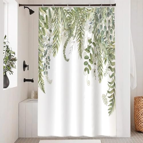 Uiiooazy Duschvorhang Grün Blätter, Duschvorhang Eukalyptus Pflanzenmotiv Duschvorhäng Anti Schimmel Wasserdicht Polyester Stoff Waschbar Blickdicht Bad Vorhang mit 8 Haken für Badezimmer 120Bx200Hcm von Uiiooazy