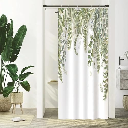Uiiooazy Duschvorhang 90x180cm, Duschvorhang Schmal Anti Schimmel Grüne Blätter Eukalyptus Salbeigrün Blumen Klein Duschvorhänge Wasserdicht Stoff Waschbar Bad Vorhang mit 6 Haken für Badezimmer von Uiiooazy
