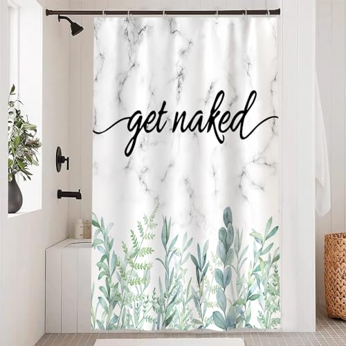 Uiiooazy Duschvorhang Get Naked, Duschvorhang 120x180cm Anti Schimmel Grüne Blätter Eukalyptus Marmor Grau Duschvorhänge Wasserdicht Polyester Stoff Waschbar Bad Vorhang mit 8 Haken für Badezimmer von Uiiooazy