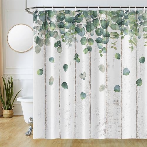 Duschvorhang Grün Blätter, Uiiooazy Duschvorhang Eukalyptus Blatt Pflanze Holaplanke Duschvorhänge Anti Schimmel Wasserdicht Polyester Stoff Waschbar Bad Vorhang mit 12 Haken für Badewanne 180Bx240Hcm von Uiiooazy