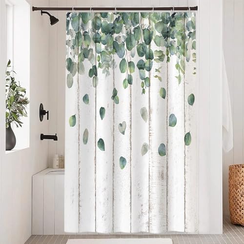 Uiiooazy Duschvorhang Eukalyptus, Duschvorhang Grün Aquarell Blätter Holzbrett Duschvorhäng Anti Schimmel Wasserdicht Polyester Stoff Waschbar Bad Vorhang mit 8 Haken für Badezimmer 120Bx180Hcm von Uiiooazy