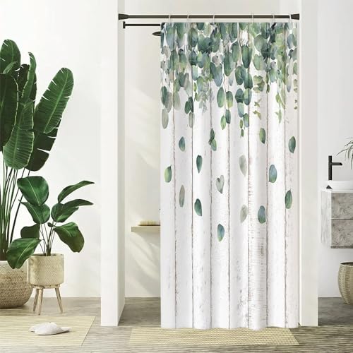 Uiiooazy Duschvorhang Eukalyptus, Duschvorhang Schmal Grün Aquarell Blätter Holzbrett Duschvorhäng Anti Schimmel Wasserdicht Polyester Stoff Waschbar Bad Vorhang mit 6 Haken für Badezimmer 90Bx180Hcm von Uiiooazy