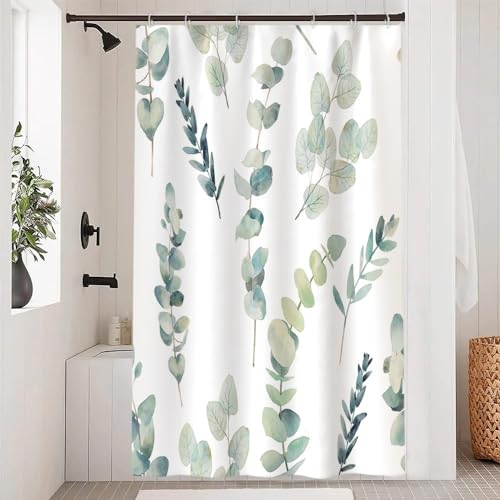 Duschvorhang Eukalyptus, Uiiooazy Duschvorhang Grün Blätter Pflanzenmuster Duschvorhäng Anti Schimmel Wasserdicht Polyester Stoff Blickdicht Waschbar Bad Vorhang mit 8 Haken für Badezimmer 120Bx180Hcm von Uiiooazy