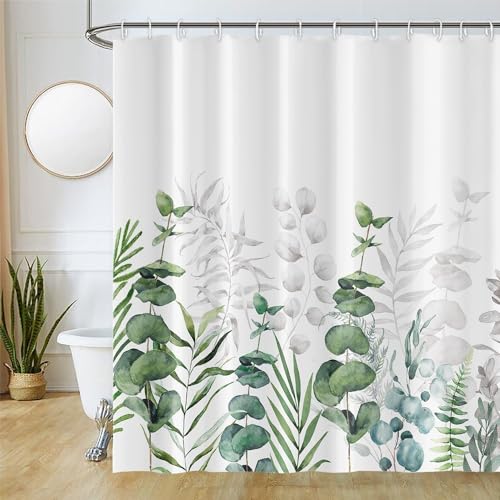 Uiiooazy Duschvorhang Eukalyptys, Duschvorhang Grün Grau Blätter Pflanzenmotiv Duschvorhänge Anti Schimmel Wasserabweisend Polyester Stoff Waschbar Bad Vorhang mit 12 Haken für Badezimmer 240Bx180Hcm von Uiiooazy