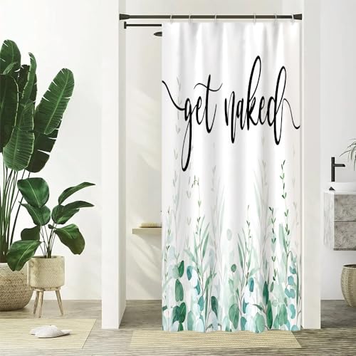 Uiiooazy Duschvorhang Eukalyptus, Duschvorhang Schmal Grün Blätter Get Naked Sign Duschvorhäng Anti Schimmel Wasserdicht Polyester Stoff Waschbar Bad Vorhang mit 6 Haken für Badezimmer 90Bx180Hcm Uiiooazy Duschvorhang Eukalyptus, Duschvorhang Schmal Grün Blätter Get Naked Sign Duschvorhäng Anti Schimmel Wasserdicht Polyester Stoff Waschbar Bad Vorhang mit 6 Haken für Badezimmer 90Bx180Hcm von Uiiooazy
