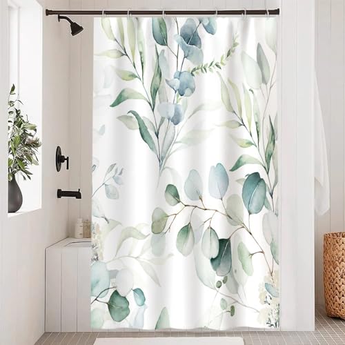 Uiiooazy Duschvorhang Grün, Duschvorhang Eukalyptus 120x180cm Blau Blätter Weiß Blumen Pflanzen Duschvorhänge Anti Schimmel Wasserdicht Polyester Stoff Waschbar Bad Vorhang mit 8 Haken für Badezimmer von Uiiooazy