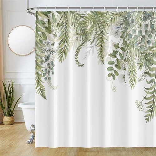 Duschvorhang Grün Blätter, Uiiooazy Duschvorhang Eukalyptus Pflanzenmotiv Duschvorhäng Anti Schimmel Wasserdicht Polyester Stoff Waschbar Blickdicht Bad Vorhang mit 12 Haken für Badezimmer 180Bx220Hcm von Uiiooazy