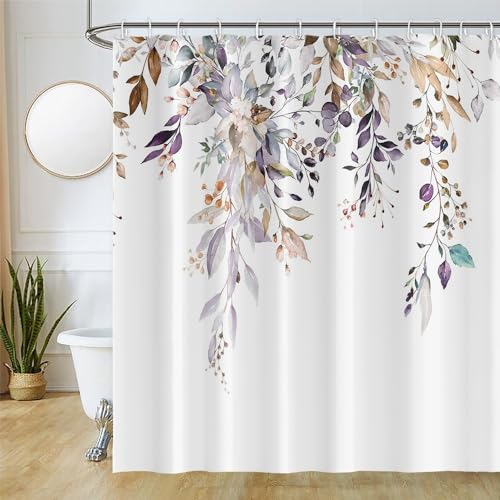 Duschvorhang Lila Violett, Uiiooazy Duschvorhang Eukalyptus Blätter Blumen Rosa Duschvorhänge Anti Schimmel Wasserabweisend Polyester Stoff Waschbar Bad Vorhang mit 12 Haken für Badezimmer 180Bx180Hcm von Uiiooazy