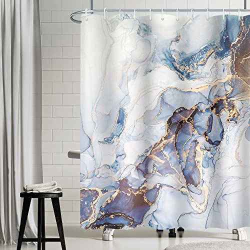Duschvorhang Marmor Blau, Uiiooazy Duschvorhang Abstrakt Grau Gold Marmoriert Modern Duschvorhäng Anti Schimmel Wasserdicht Polyester Stoff Waschbar Bad Vorhang mit 12 Haken für Badezimmer 180Bx200Hcm von Uiiooazy