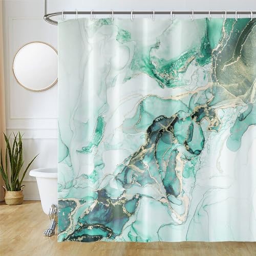 Uiiooazy Duschvorhang Grün, Duschvorhang 180x200cm Anti Schimmel Marmor Optik Türkis Marmoriert Modern Duschvorhänge Stoff Waschbar Wasserdicht Polyester Bad Vorhang mit 12 Haken für Badezimmer von Uiiooazy