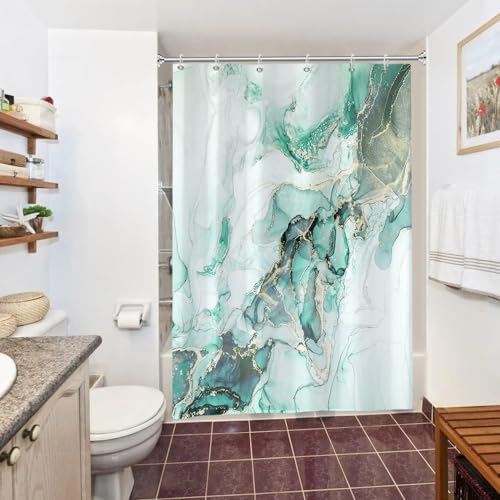 Uiiooazy Duschvorhang Grün, Duschvorhang 150x200cm Anti Schimmel Marmor Optik Türkis Marmoriert Modern Duschvorhänge Stoff Waschbar Wasserdicht Polyester Bad Vorhang mit 10 Haken für Badezimmer von Uiiooazy