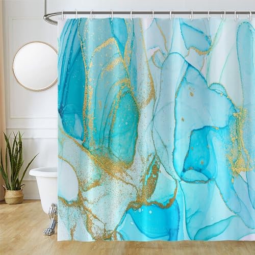 Uiiooazy Duschvorhang Marmor Blau, Duschvorhang Abstrakt Gold Marmoriert Duschvorhäng Anti Schimmel Wasserdicht Polyester Stoff Waschbar Blickdicht Bad Vorhang mit 12 Haken für Badezimmer 200Bx180Hcm von Uiiooazy