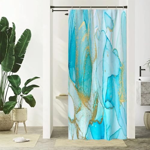Uiiooazy Duschvorhang Blau, Duschvorhang Schmal 90x180cm Anti Schimmel Marmor Grün Gold Marmoriert Aquarell Duschvorhänge Stoff Waschbar Wasserdicht Polyester Bad Vorhang mit 6 Haken für Badezimmer von Uiiooazy