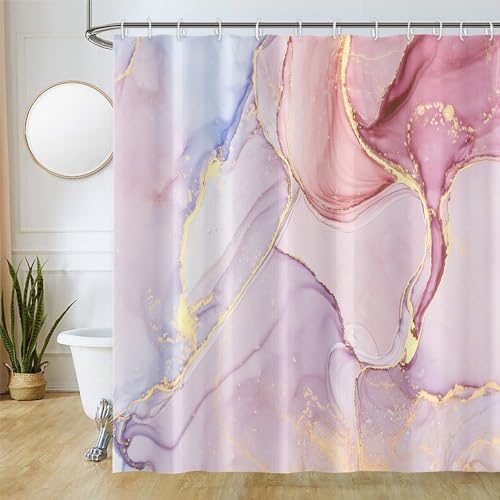 Uiiooazy Duschvorhang Rosa, Duschvorhang 180x200cm Anti Schimmel Marmor Optik Lavendel Marmoriert Modern Duschvorhänge Stoff Waschbar Wasserdicht Polyester Bad Vorhang mit 12 Haken für Badezimmer von Uiiooazy