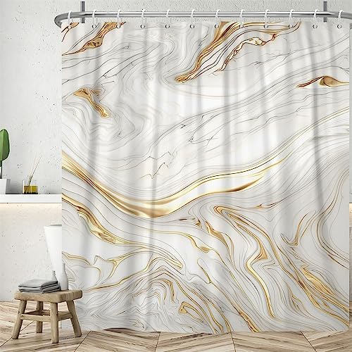 Duschvorhang Marmor Weiß Gold, Uiiooazy Duschvorhang Abstrakt Grau Marmoriert Optik Duschvorhänge Anti Schimmel Wasserdicht Polyester Stoff Waschbar Bad Vorhang mit 12 Haken für Badezimmer 180Bx240Hcm von Uiiooazy