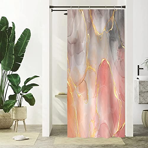 Duschvorhang Marmor Rosa, Uiiooazy Duschvorhang Schmal Grau Gold Marmoriert Duschvorhäng Anti Schimmel Wasserdicht Polyester Stoff Waschbar Blickdicht Bad Vorhang mit 6 Haken für Badezimmer 90Bx180Hcm von Uiiooazy