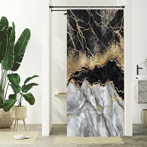 Uiiooazy Duschvorhang Schwarz Gold, Duschvorhang Marmor Grau Schmal Abstrakte Marmoriert Duschvorhäng Wasserdicht Polyester Stoff Waschbar Blickdicht Bad Vorhang mit 6 Haken für Badezimmer 90Bx180Hcm von Uiiooazy