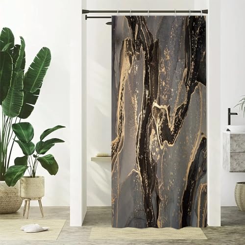 Duschvorhang Shcwarz Gold, Uiiooazy Duschvorhang Schmal 90x180cm Anti Schimmel Marmor Optik Grau Braun Marmoriert Modern Duschvorhänge Stoff Waschbar Wasserdicht Bad Vorhang mit 6 Haken für Badezimmer von Uiiooazy