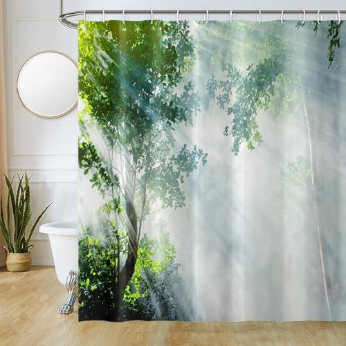 Duschvorhang Wald, Uiiooazy Duschvorhang Grün Blätter Natur Landschaft Duschvorhäng Anti Schimmel Wasserabweisend Polyester Stoff Waschbar Blickdicht Bad Vorhang mit 12 Haken für Badewanne 180Bx180Hcm von Uiiooazy