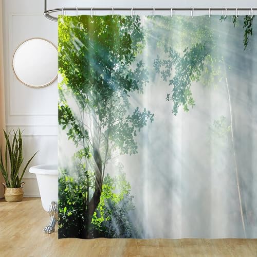 Duschvorhang Wald, Uiiooazy Duschvorhang Grün Blätter Natur Landschaft Duschvorhäng Anti Schimmel Wasserabweisend Polyester Stoff Waschbar Blickdicht Bad Vorhang mit 12 Haken für Badewanne 180Bx200Hcm von Uiiooazy