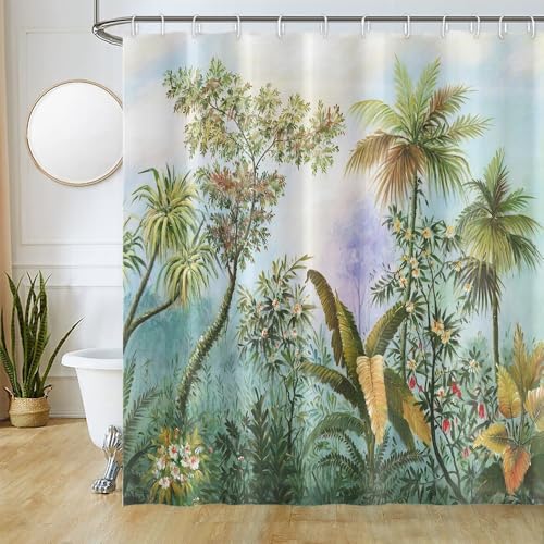 Duschvorhang Wald, Uiiooazy Duschvorhang Grün Boho Blumen Tropische Palme Duschvorhäng Anti Schimmel Wasserdicht Polyester Stoff Waschbar Blickdicht Bad Vorhang mit 12 Haken für Badezimmer 180Bx220Hcm von Uiiooazy